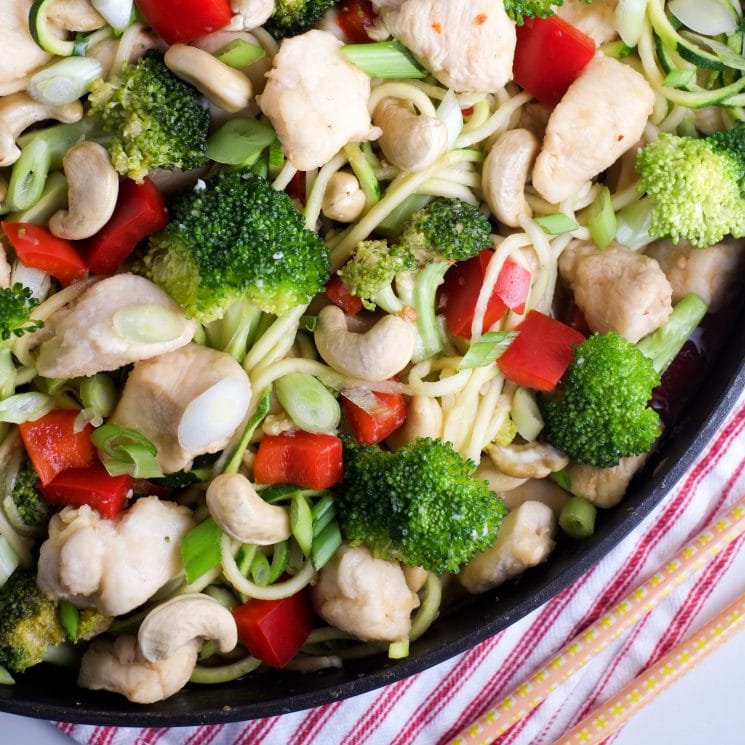 Cashew chicken lightened up with zoodles instead of rice!