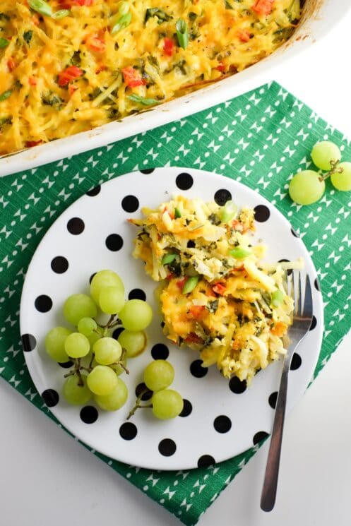 A colorful and healthy breakfast - healthier hashbrown casserole.