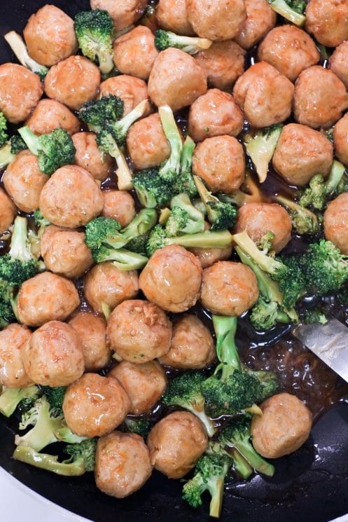 Quick stir fry of turkey meatballs and broccoli with homemade teriyaki sauce for the WIN!