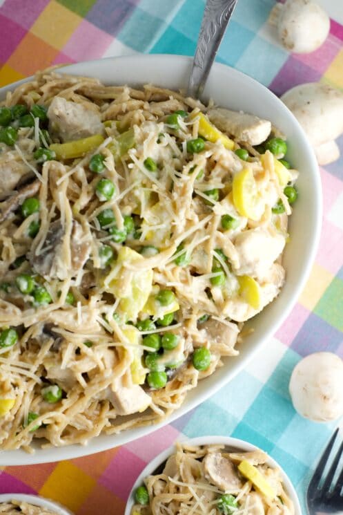 Tetrazzini always includes mushrooms, plus we added squash and peas!