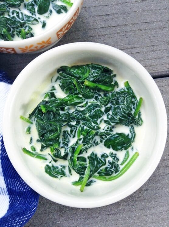 bowls of creamed spinach