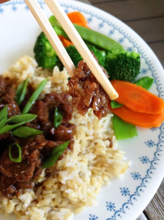 mongolian beef on chopstick