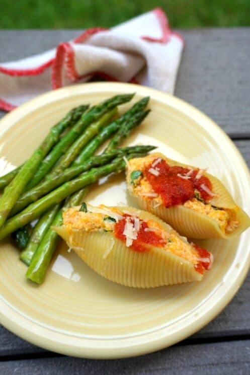 stuffed shells with asparagus outside