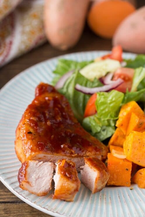 Kid Approved Maple Glazed Pork Chops with sweet potatoes