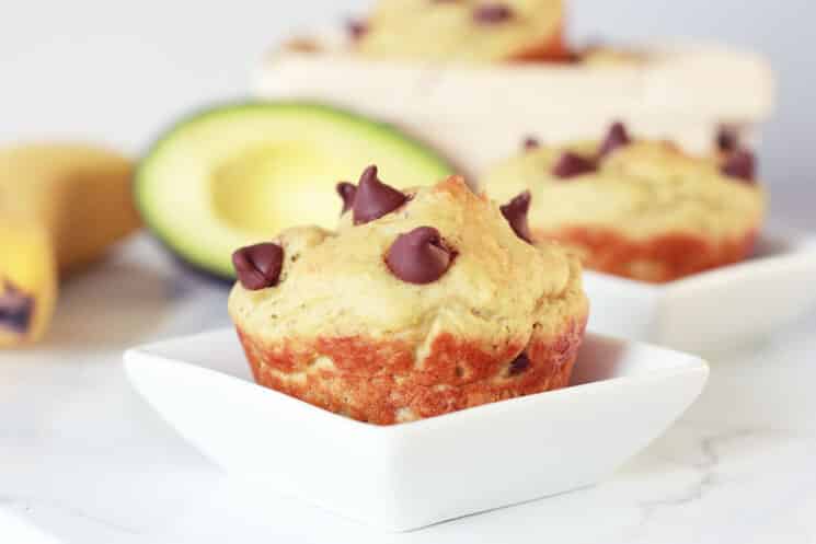 avocado chocolate chip muffin in a small white dish