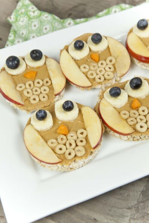 healthy snacks and fun food, Fun Food For Kids: Owl Rice Cakes, peanut butter and fruit