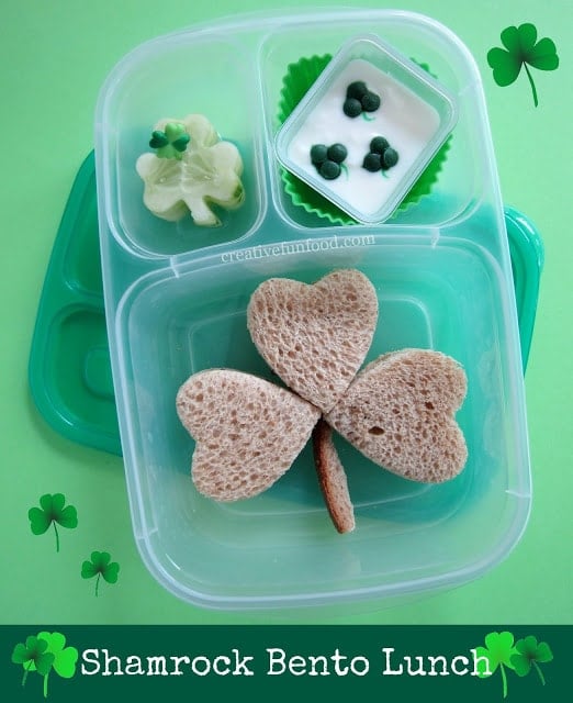 20 Fun and Healthy Food Ideas to Celebrate St. Patrick's Day, clover shaped sandwich and lunch