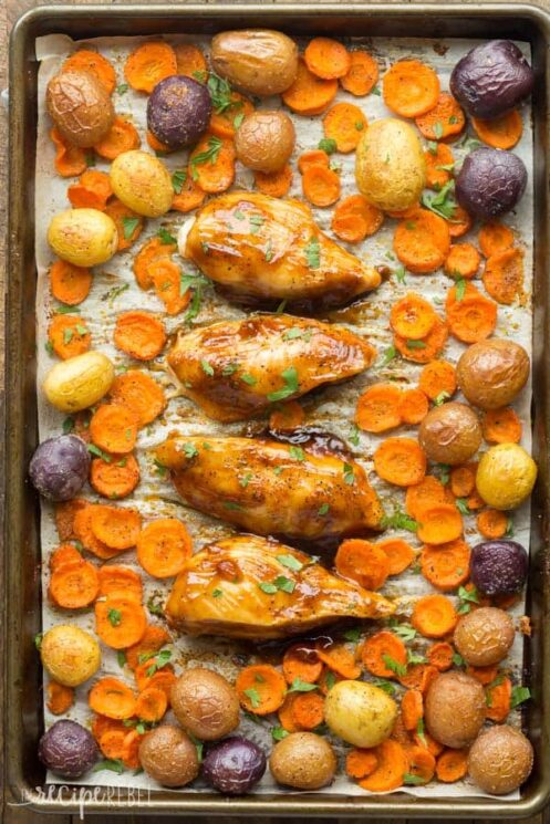 Apricot Chicken Sheet Pan Dinner Recipe with carrots and potatoes and chicken