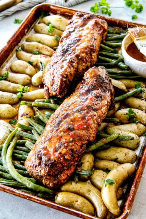 Healthy Dijon Pork Tenderloin and Veggies Sheet Pan Dinner, pork, asparagus, vegetables