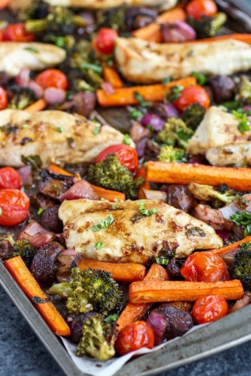 Healthy Sheet Pan Balsamic Chicken Veggie Bake Dinner, veggies and chicken, tomatoes, carrots, beats, broccoli