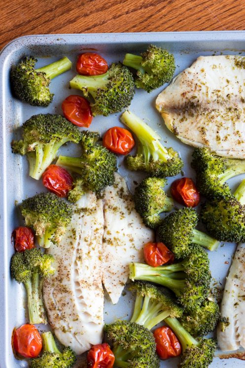 Roasted Tilapia and Broccoli Sheet Pan Dinner with broccoli and tomatoes and tilapia