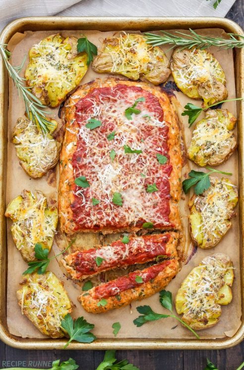 Healthy Sheet Pan Turkey Meatloaf Dinner with Rosemary Smashed Potatoes