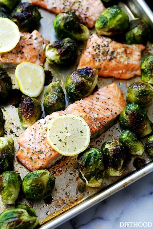 One Sheet Pan Garlic Roasted Salmon with Brussels Sprouts Dinner Recipe