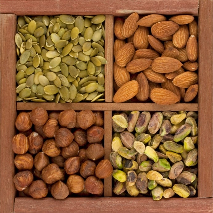 pumpkin seeds, almonds, hazelnuts, pistachios healthy plant based protein snacks