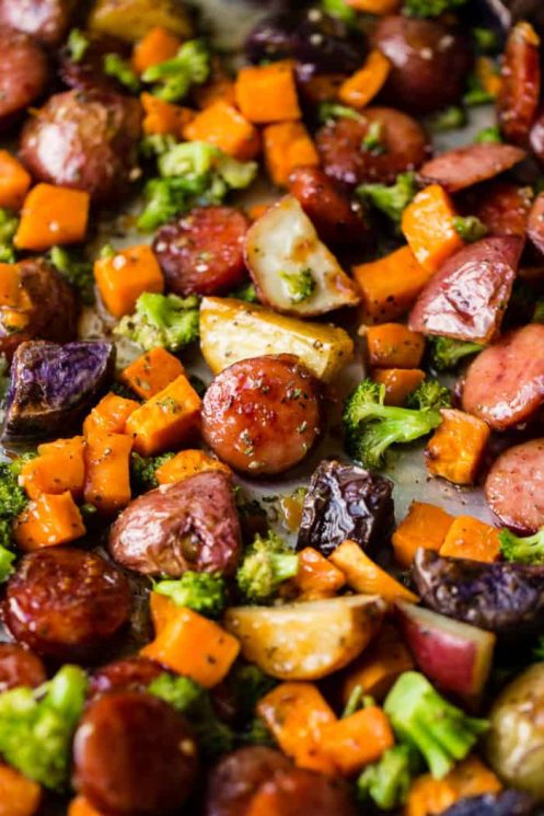 Sheet Pan Honey Garlic Kielbasa Recipe, potatoes, carrots, broccoli