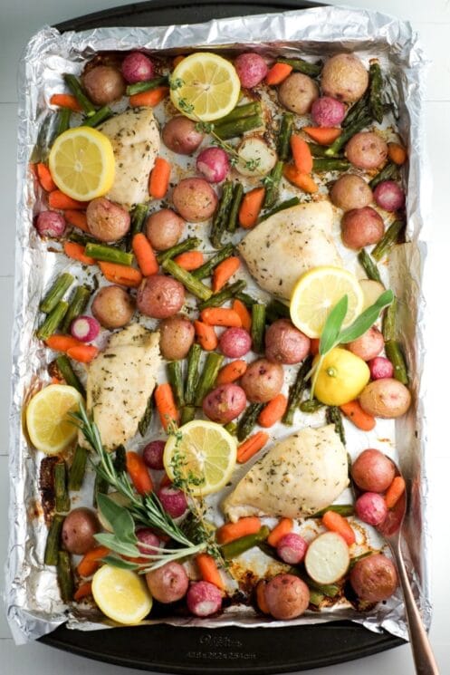 Healthy Sheet Pan Dinner for Kids chicken, potatoes, carrots, asparagus, lemons