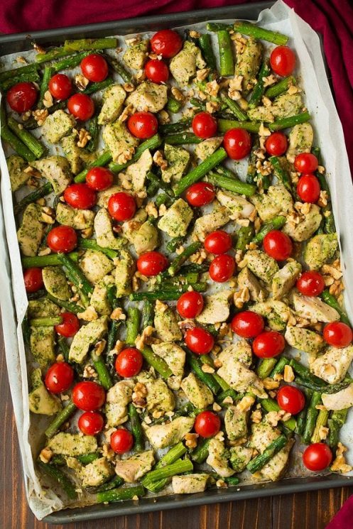 Sheet Pan Pesto Chicken Asparagus and Tomatoes