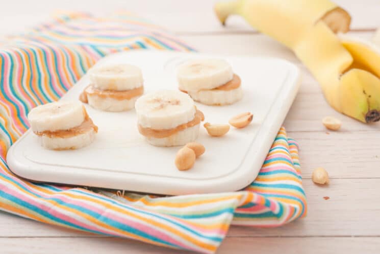 Banana bites with peanut butter, gluten free snack for kids.