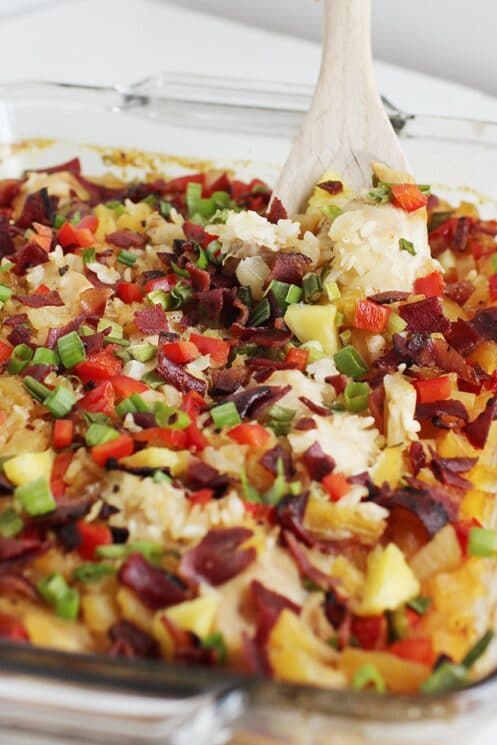 Aloha Chicken and Rice Bake with pineapple, rice, chicken and turkey bacon/