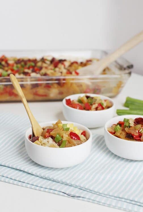 Easy Tropical Chicken and Rice Bake in 3 small white bowls