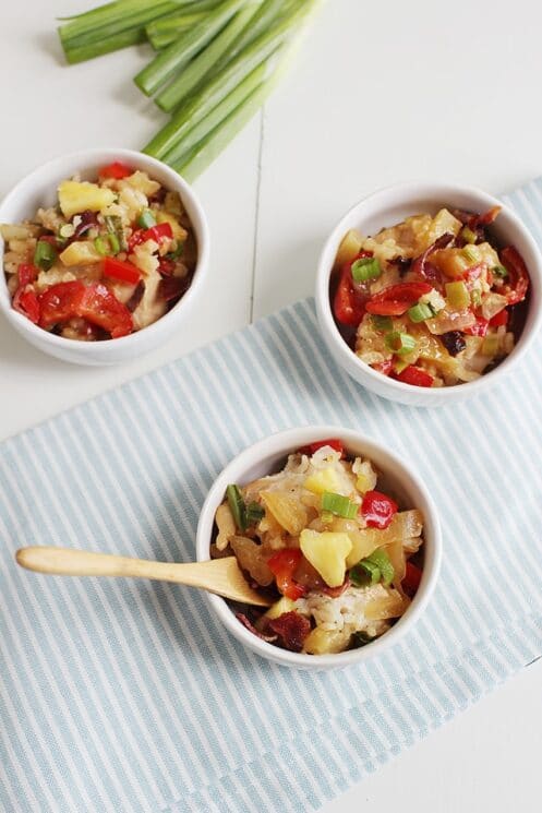 Easy Tropical Chicken and Rice Bake Aerial View in 3 small white bowls