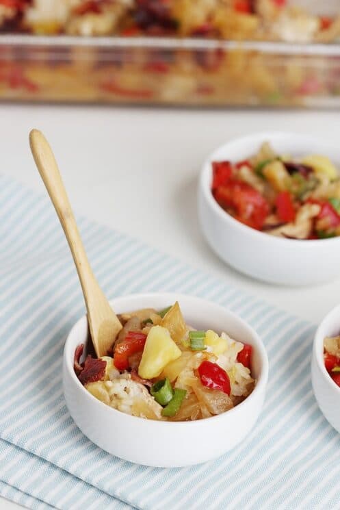 Easy Tropical Chicken and Rice Bake Closeup in a Small white Bowl