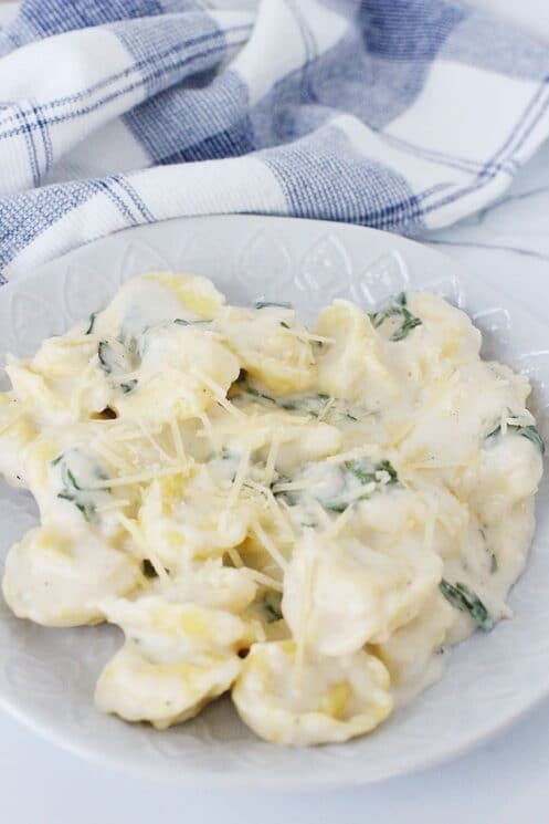 Tortellini with Spinach in a dinner bowl.