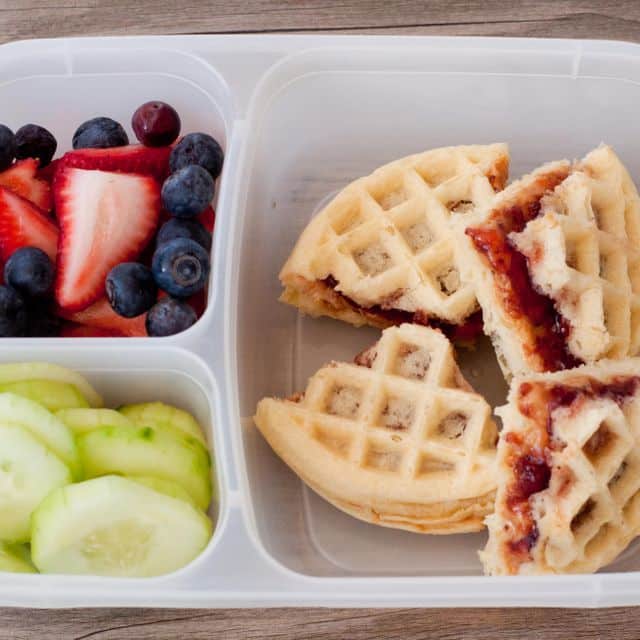 school lunch idea waffles and peanut butter jam