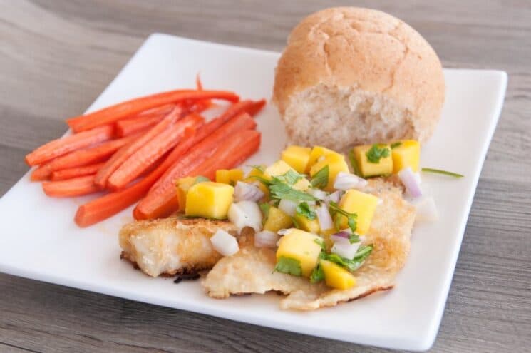 white fish with mango salsa and carrots