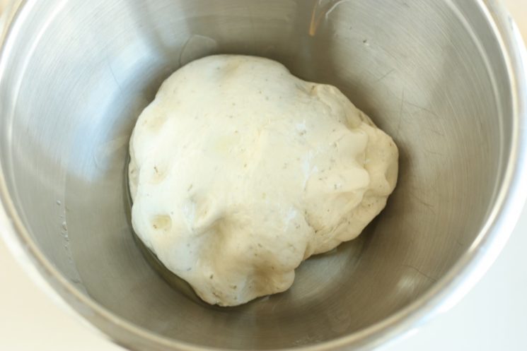 process shot of formed bread dough in a bowl