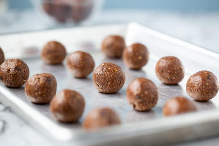 energy balls on cookie sheet