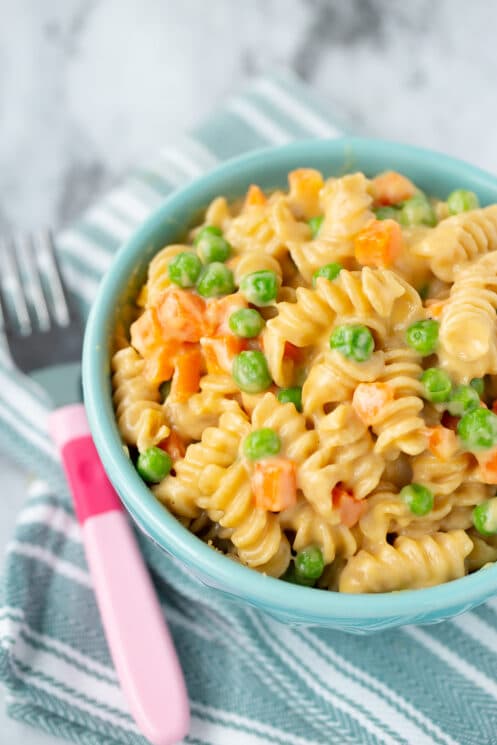 homemade confetti mac and cheese mixed with vegetables