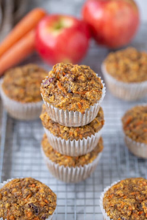 carrot apple flax muffins in a stack