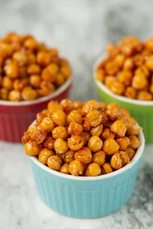 roasted chickpeas in colorful bowls