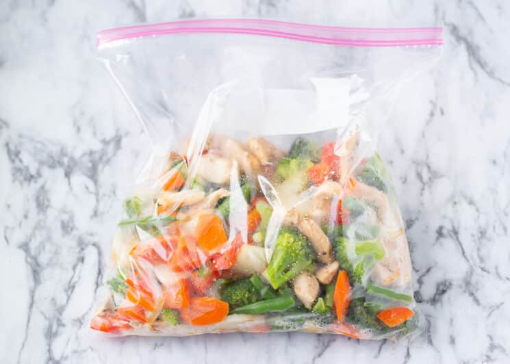 zipblock bag full of freezer meal stir fry