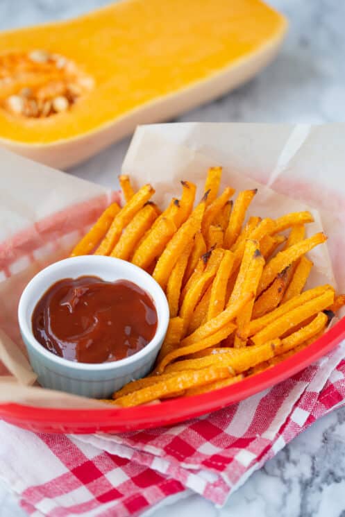 homemade crispy butternut squash fries with ketchup