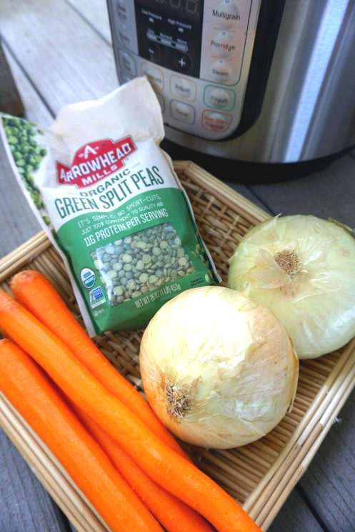 wholesome ingredients to make split pea soup in a basket