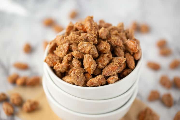 candied almonds in a white bowl, close up