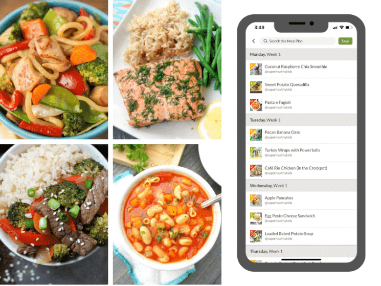 healthy colorful meals and screen shots of the Prepear meal plan app