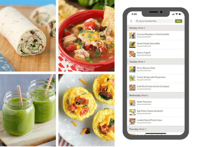 delicious low sugar recipes depicted beside an app screen shop of a meal plan