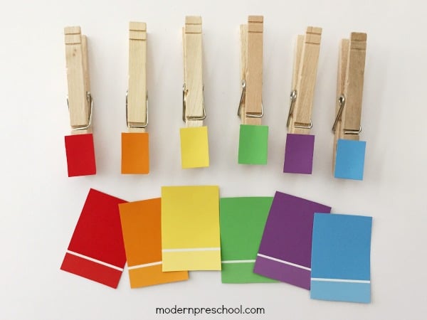 color matching game with paint chips taped to clothes pins