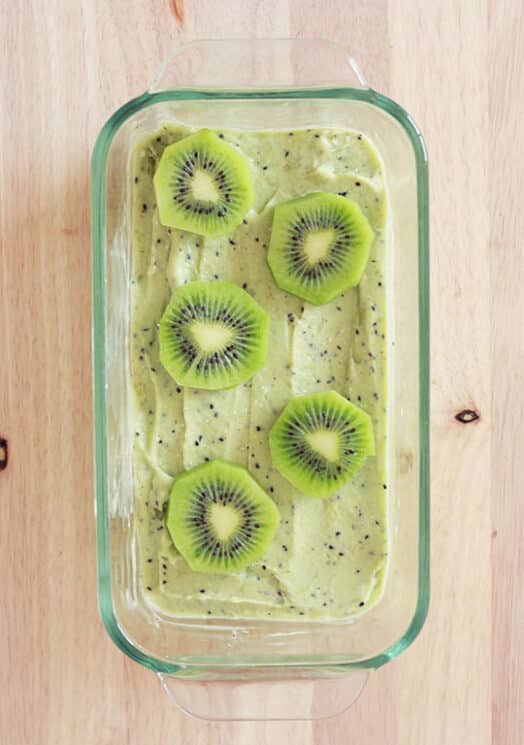 Kiwi Sorbet in a dish with kiwi slices on top