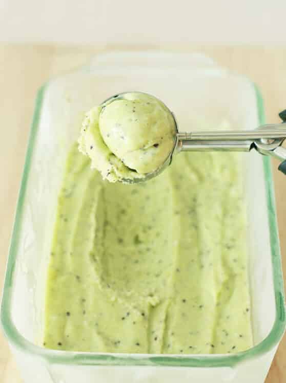 Scoop the kiwi sorbet out of the pan