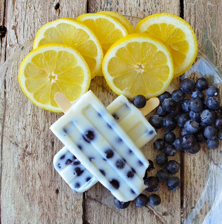 overhead view of blueberry lemon pudding pops