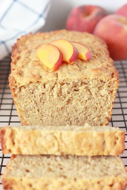 Peach Crisp bread with two slices and peaches on top