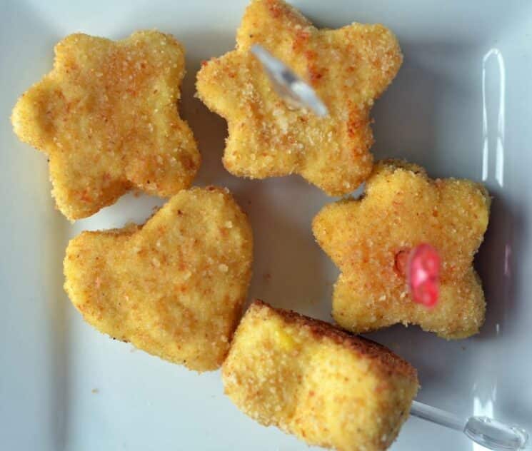 close up chicken nuggets in fun shapes