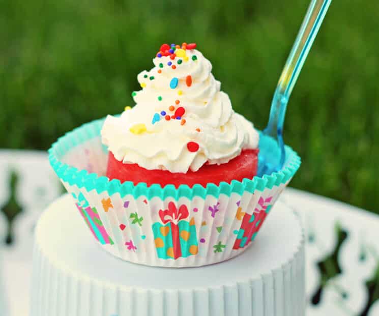 watermelon cupcake closeup view with a party fork