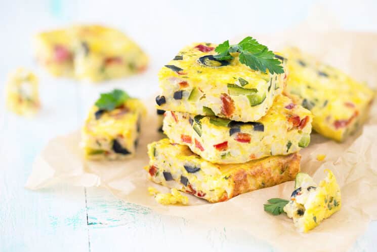 Zucchini frittata square cut and stacked