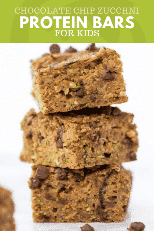 stacked chocolate chip zucchini protein bars with text on top