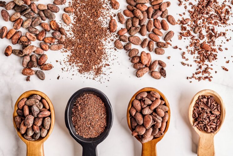 alternating spoons with cacao beans and ground cacao